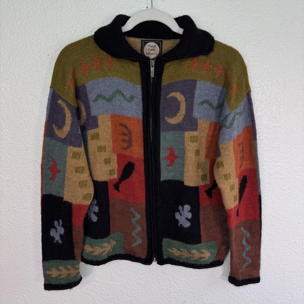 Planet Earth Sweaters Womens Medium Llama Cardigan Jacket Full Zip Art Boho Moon